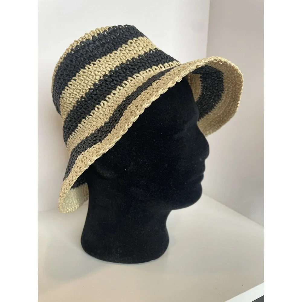 H&M Paper Straw Bucket Hat Striped Beige Black Women Size M 56